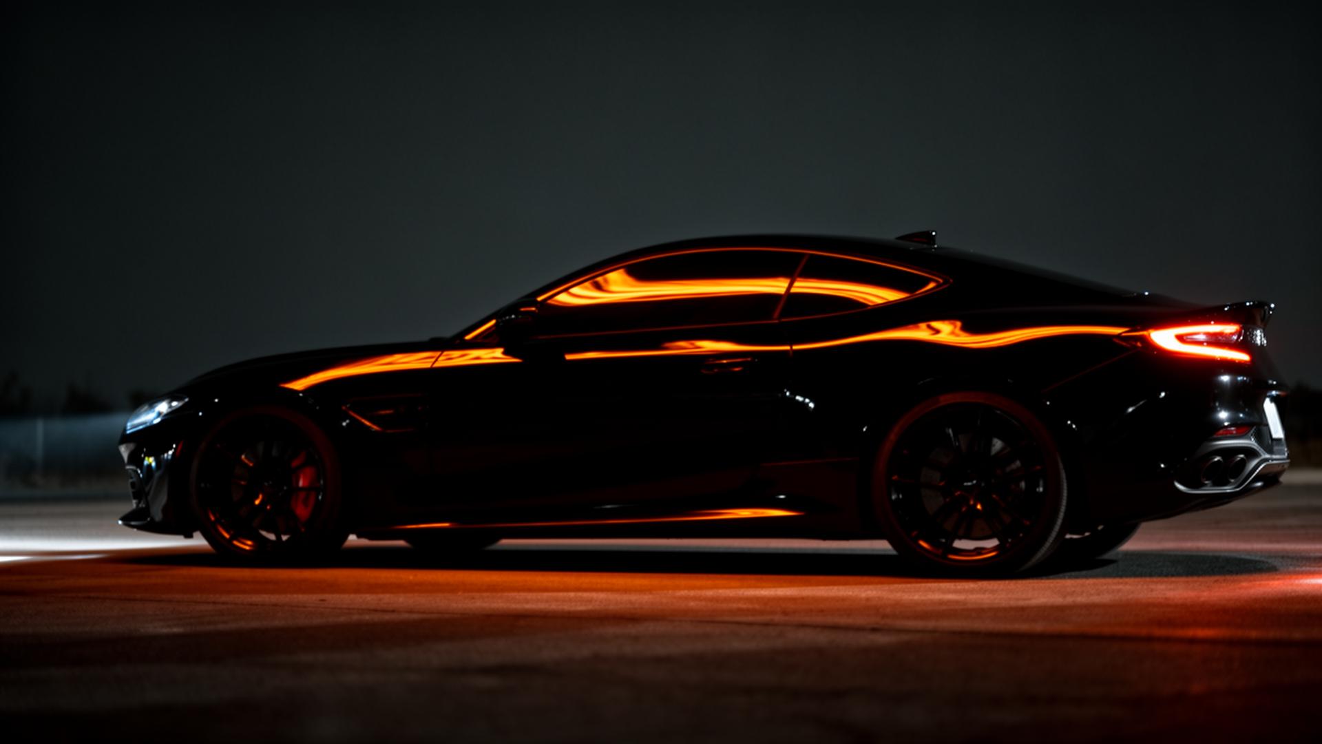 Sleek black sports car with deep tinted windows lit by orange light
